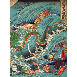 Quadro, stampa su tela. Kuniyoshi Utagawa, Recovering a jewel from the palace of the dragon king III