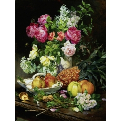 Wall art print and canvas. Painting of Roses in a Vase, Pears in a Porcelain Bowl
