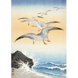 Cuadros japoneses. Ohara Koson, Cinco gaviotas sobre el mar turbulento