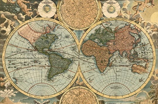 Carte du monde ancienne | Toile avec mappemonde | Botanique et Dessins